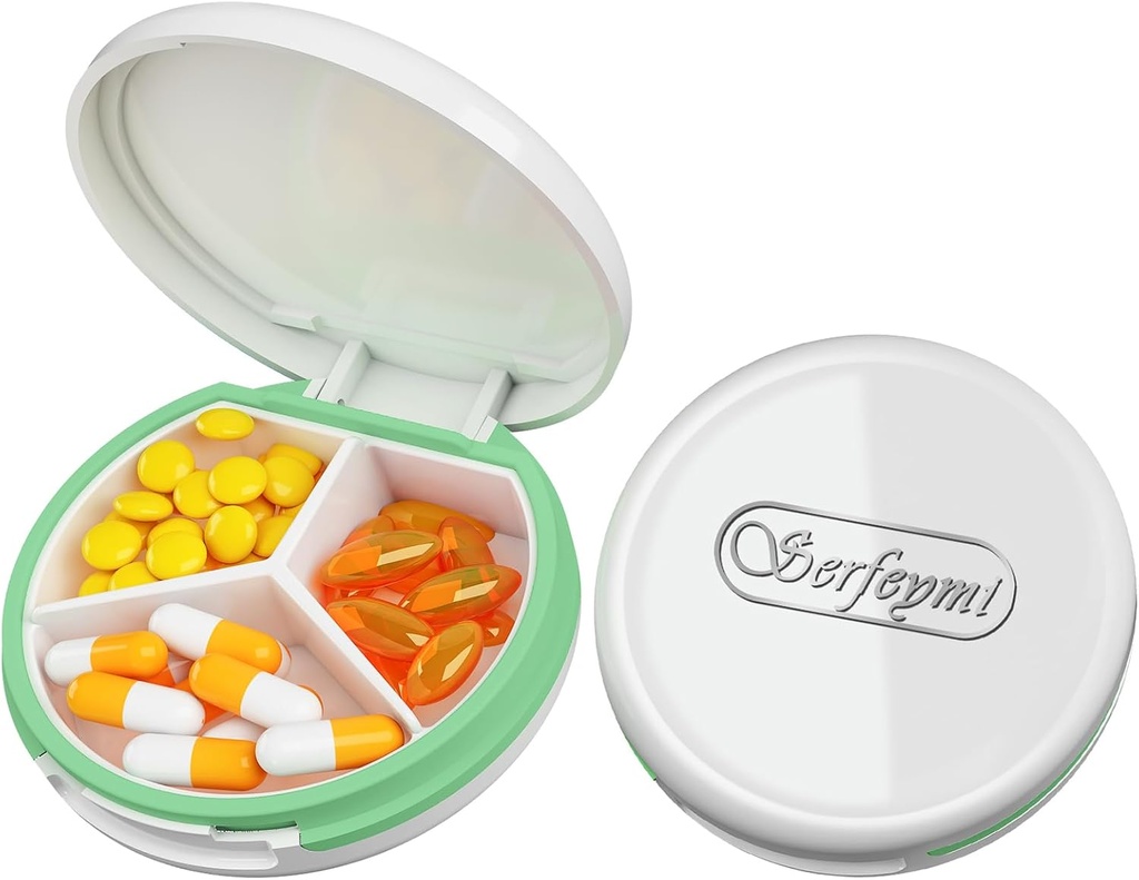 Serfeymi Small Pill Box - 3 Compartments Portable Pill Box for Purse Pocket, Compact Mini Travel Pill Case - Suitable for Medicine, Vitamin, Fish Oil, Supplements - White(Logo)