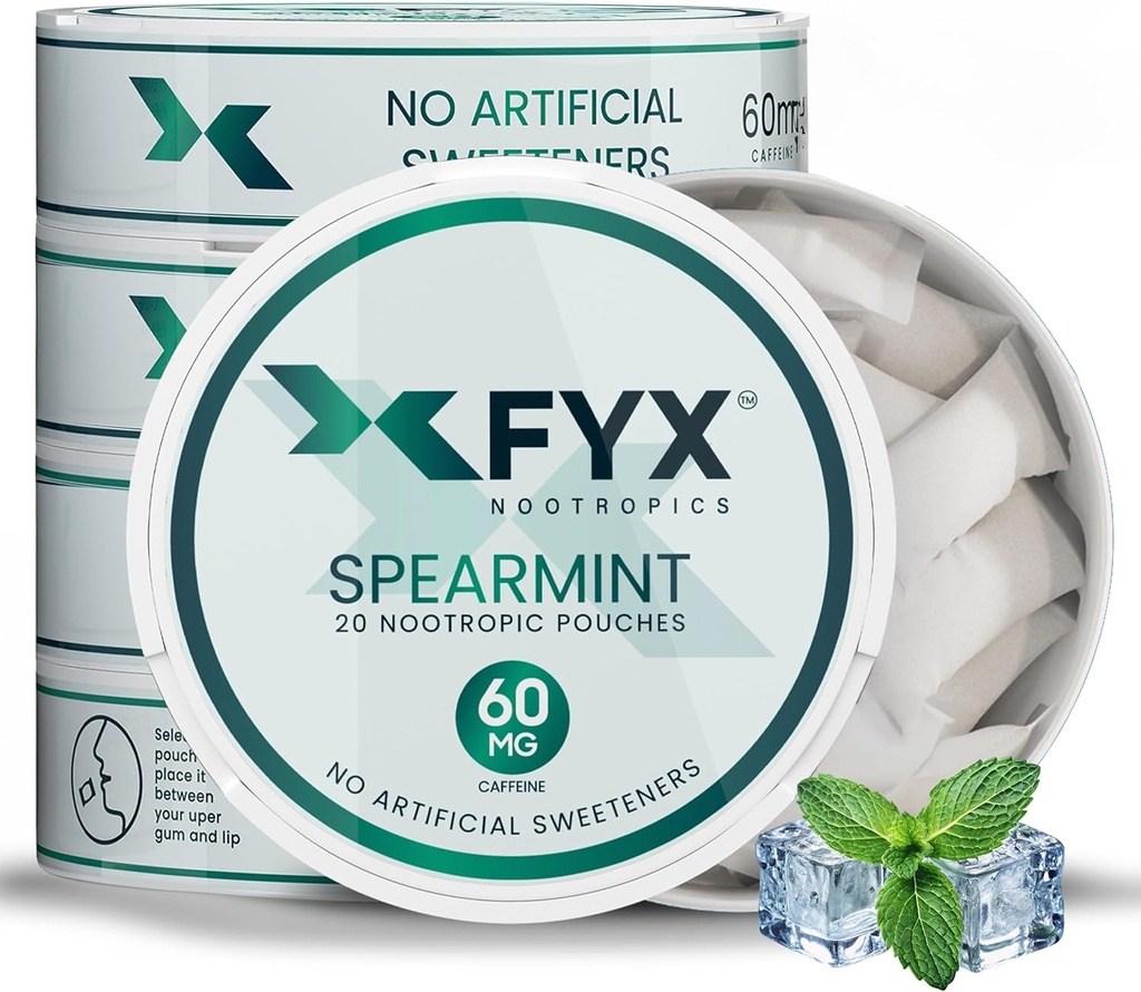 FYX Caffeine Nootropic Pouches – Temiz Enerji & Oda Alfa-GPC, L-Tyrosine & L-Theanine – 60 mg Caffeine Pouches – Sugar-Free Alpha Nootropic Pouches – 5-Pack (5-Count, Spearmint)