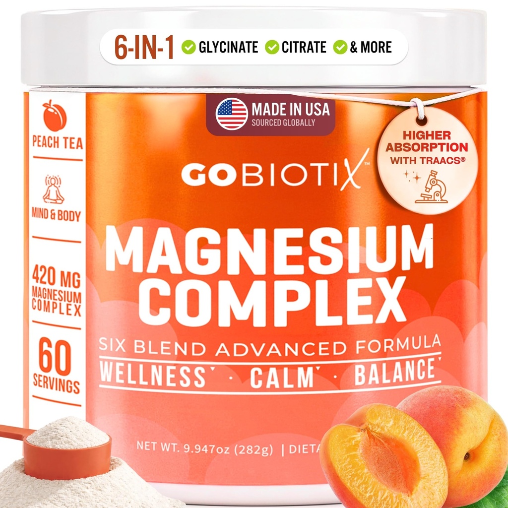 GoBiotix Magnezyum Glycinate Toz - Kadınlar ve Erkekler için Cortisol Supplements - Yüksek Abhidrasyon Magnezyum Kompleksi Calm Supplement with Citrate, Malate - Sugar Free - 420 mg, 60 Hizmet - Peach Tea