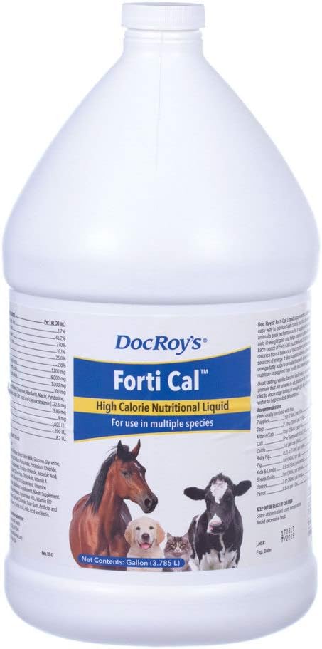 Doc Roy's Forti Cal Liquid, High Calorie Energy Supplement for Dogs, Cats, Horses, Livestock, Supports Kilo Lig, Recovery, Hydration, with Omega 3 6 9, Vitamins A D3 E C, Made in USA, 1 Gallon