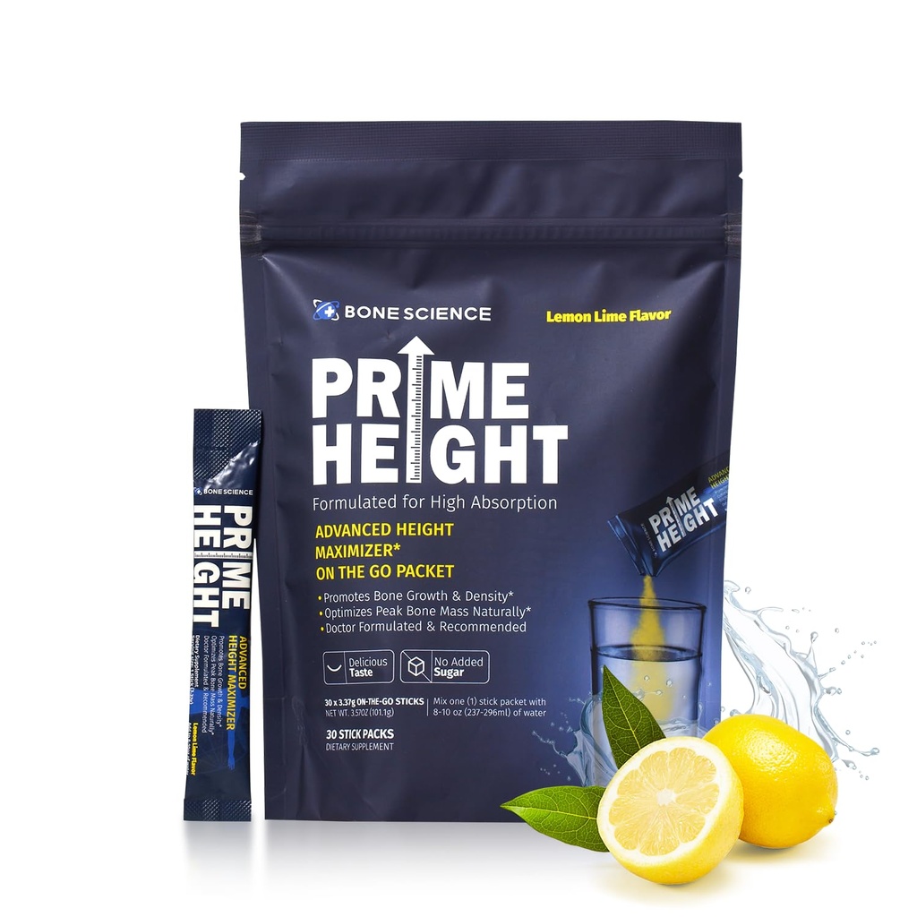 BONE SCIENCE - Prime Height Mutivitamin Powder - Ύψος Ανάπτυξη ποτό Mix για παιδιά & εφήβους, οστά & ανοσοποιητική υποστήριξη, ζάχαρη-ελεύθερο άρωμα λεμόνι, 30 ραβδιά