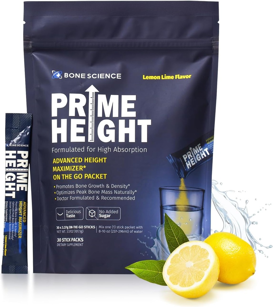 BONE SCIENCE - Prime Height Mutivitamin Toz - Boy Development Drink Mix for Kids & Young, Bone & Immune Support, Sugar-Free Lemon Lime Flavor, 30 Sticks
