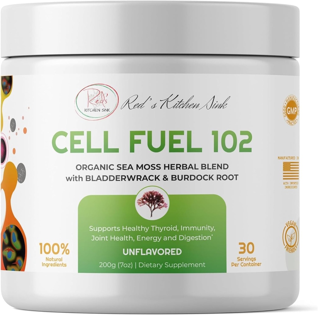 Red's Kitchen Lavabo Hücre Yakıt 102 - Organik Deniz Moss Toz Bladderwrack & Burdock Root | Dr. Sebi Inspired Herbal Mix | Vegan, Doğal, 30 Hizmet (7oz)