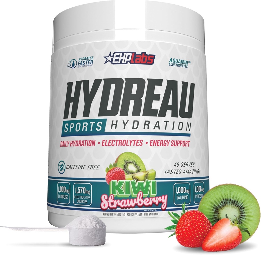EHP Labs Hydreau Ηλεκτρολύτες σκόνη Όχι Ζάχαρη - Ενυδατική σκόνη για αντοχή & ενέργεια - Ηλεκτρολύτη σκόνη για άνδρες & γυναίκες - Ζάχαρη δωρεάν ηλεκτρολύτες - Kiwi Φράουλα (40 σερβίρεται)