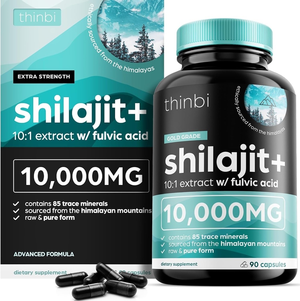 Thinbi Pure Himalayan Shilajit Organic Capsules with Fulvic Acid & Trace Minerals - 90 Count