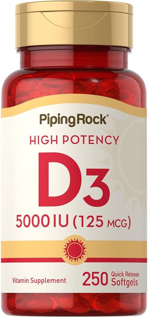 Piping Rock Vitamin D3 5000 IU | 250 Softgels | Yüksek Potency Supplement | Non-GMO, Gluten Free