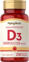 Piping Rock Vitamin D3 5000 IU | 250 Softgels | Yüksek Potency Supplement | Non-GMO, Gluten Free