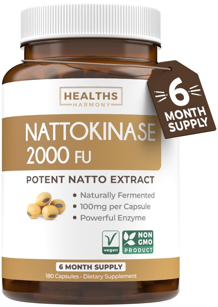Healths Harmony Nattokinase 2000 FU (Non-GMO) Ισχυρό συμπλήρωμα νατοκινάσης Κατασκευασμένο από φυσικά ζυμωμένα σόγια - (6 Μήνες Προμήθεια) 180 κάψουλες Vegan Natto
