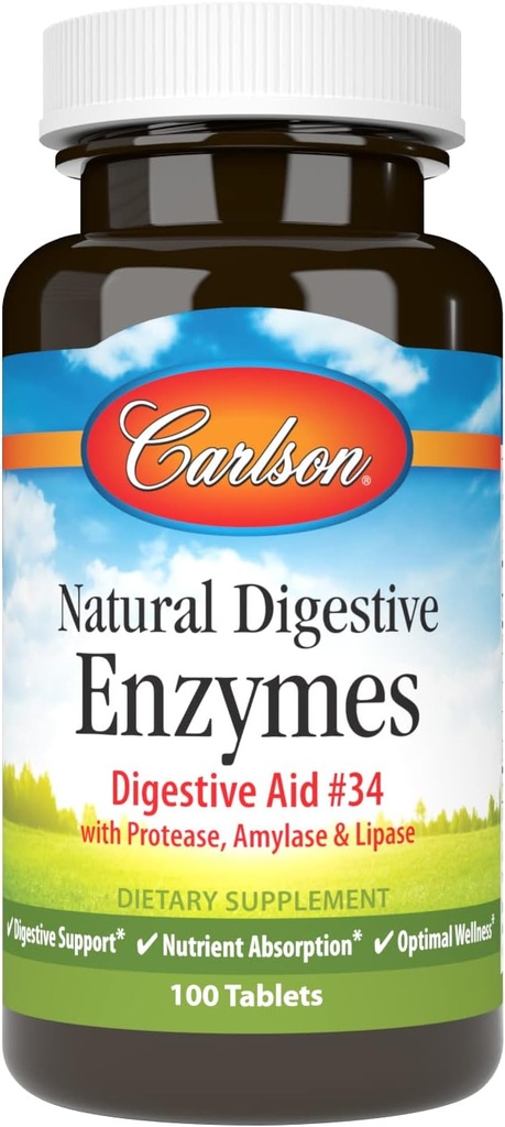 Carlson - Natural Digestive Enzymes, Digestive Aid #34 with Pro, Amylase & Lipase, Digestive Support, Nutrient Abors & Optimal Wellness, 100 Tablet