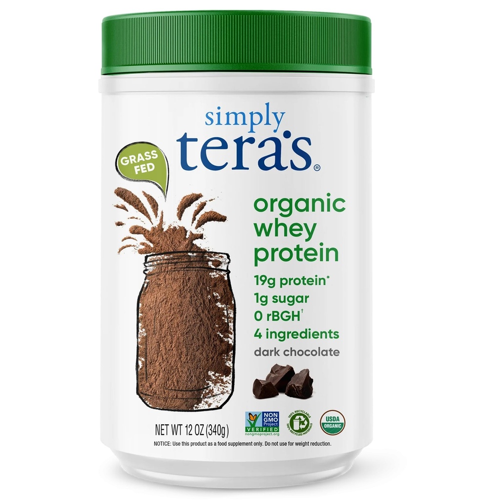 Basitçe tera'nın Organik Whey Protein Tozu - Grass Fed Whey Protein Toz Yapay Tatlıcılar olmadan, Temiz, Non-GMO, Gluten-Free - Dark Chocolate, 12 Oz Oz Oz