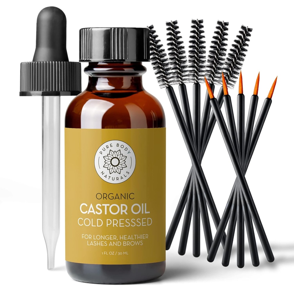 Pure Body Naturals Castor Oil for Eyelashes and Eyebrows - 1 Fl Oz Nourishing Brow & Lash Growth Serum - Organik, Hexane Free, Cold Pressed, Unrefined - Eyelash ve Eyebrow Growth Serum for Women