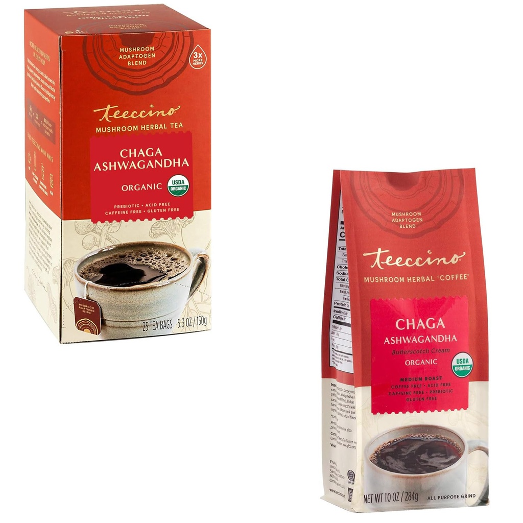 Teeccino Chaga Ashwagandha Tea & Chaga Ashwagandha Coffee Alternative Sched Collection, Butterscotch Cream, Caffeine Free & Acid Free, Adaptogen Herbal Mushroom Kahvesi
