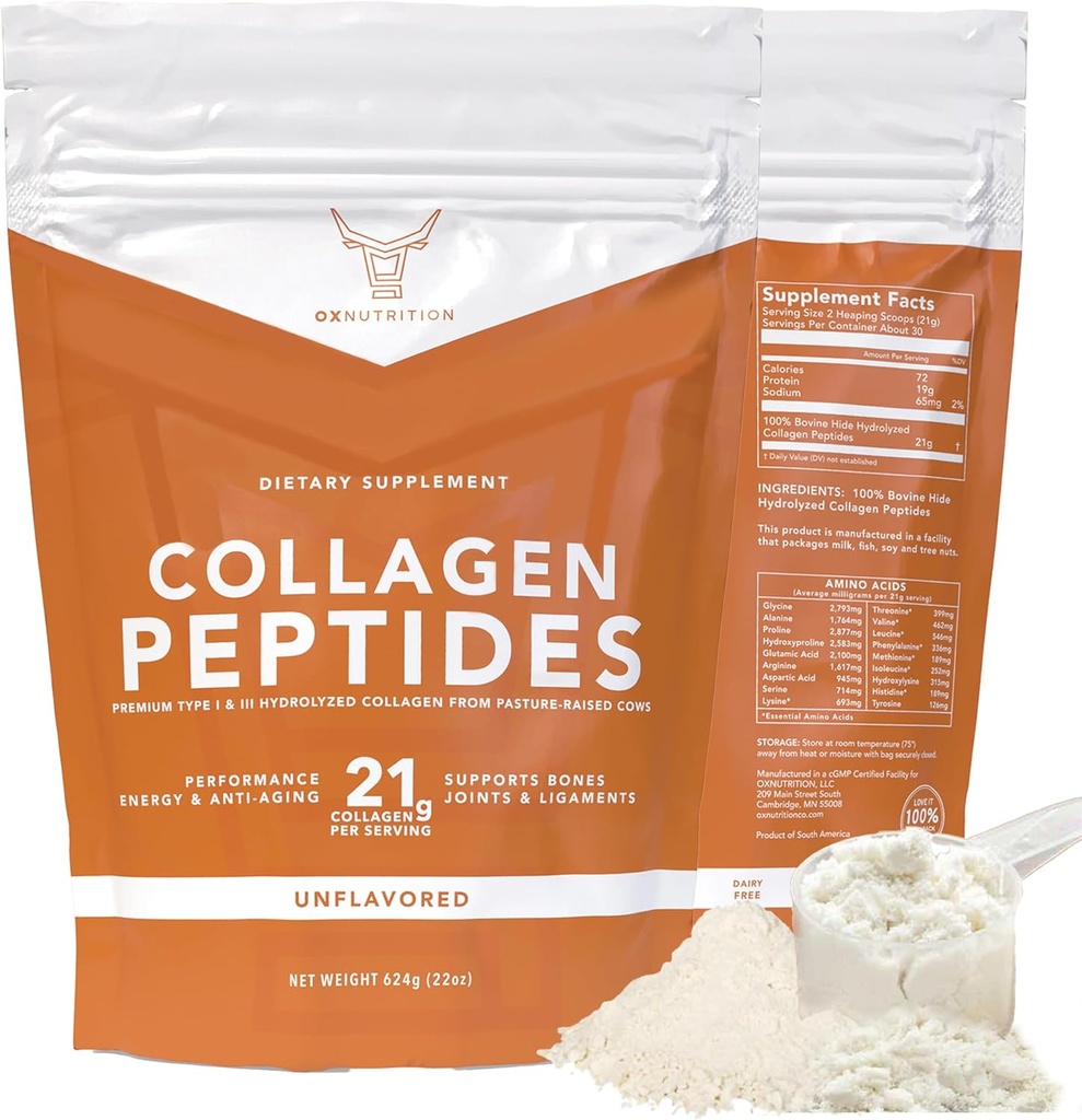 OX Collagen Toz for Women Men (22oz) Tip I & III Flavorless & Odorless Easy-Mix Hydrolyzed Peptan Protein Peptides Ortak Saç Cilt & Nail Destek Gluten-Free Non-GMO DW Paleo Grass-Fed Kosher