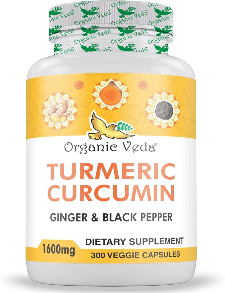 Organik Veda Turmeric ve Ginger Capsules 300 Pills - Organik Turmeric Curcumin with Black Pepper for Common Support - Non GMO, Gluten Free, Turmeric and Ginger Supplement (% 95 curcuminoids)