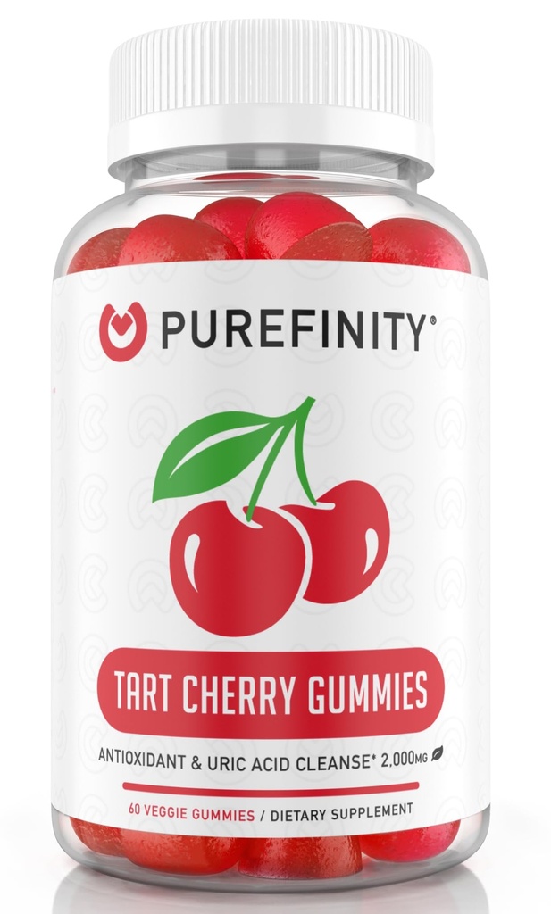 PUREFINITY Tart Cherry Gummies – Uric Acid Flush για κοινή ανακούφιση & ανάκτηση, εκχύλισμα ωμού χυμού Αντιοξειδωτικό – μη ΓΤΟ, Χωρίς γλουτένη, Vegan, 60 Count
