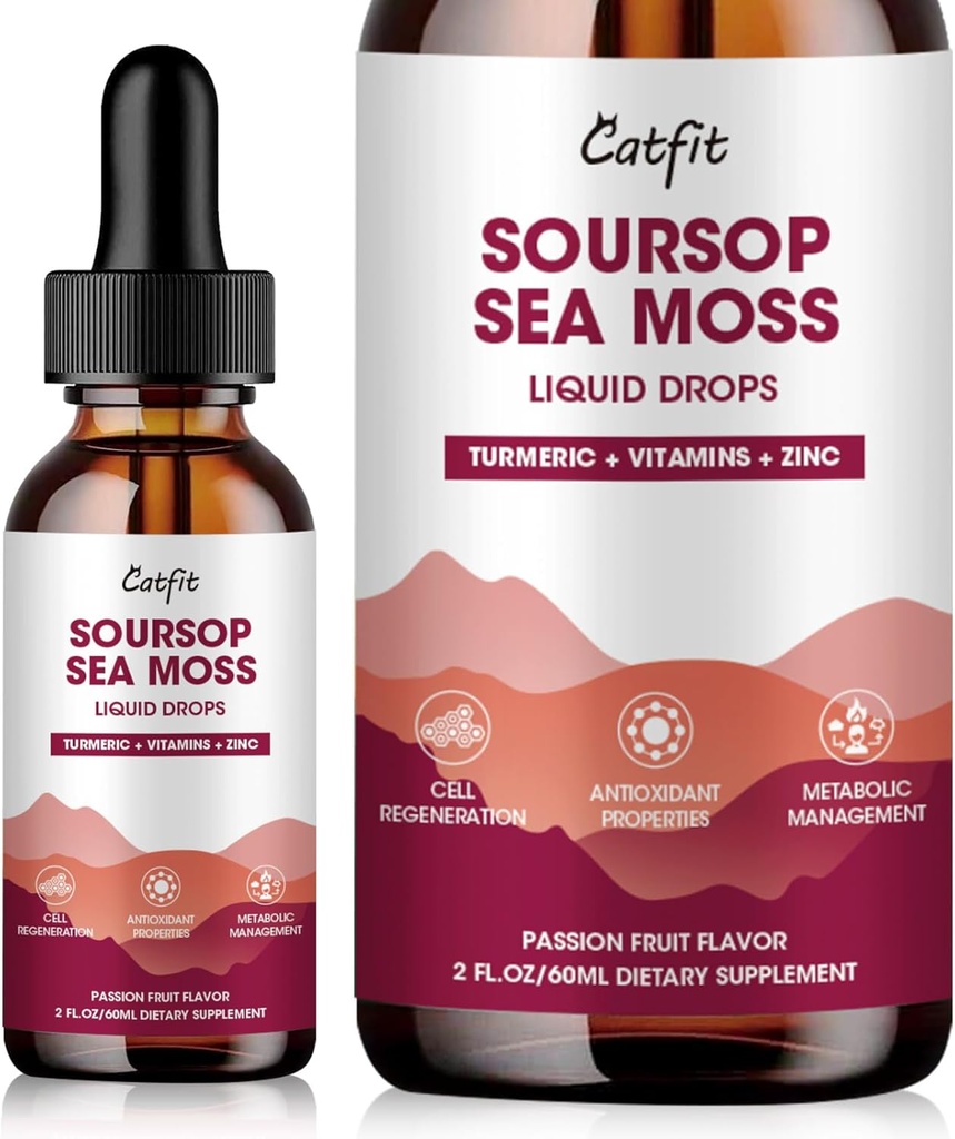 Soursop Graviola Liquid Drop - Soursop Bitters Sea Moss, Turmeric & Vitamins B6 C çinko for Cell Support, Antioksi, Relaxation & Immune Boost, Passion Fruit Flavor,2 Fl Oz