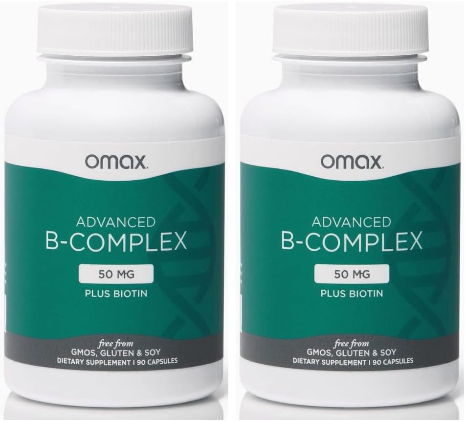 Omax3 2 Şişe - Biyotin ile Gelişmiş Vitamin B Kompleksi 50MG | Güçlü & Shiny Saç, Skin Nails, Destek Stres, Immunity, Energy Metabolism, 90 Capsules/per Şişe