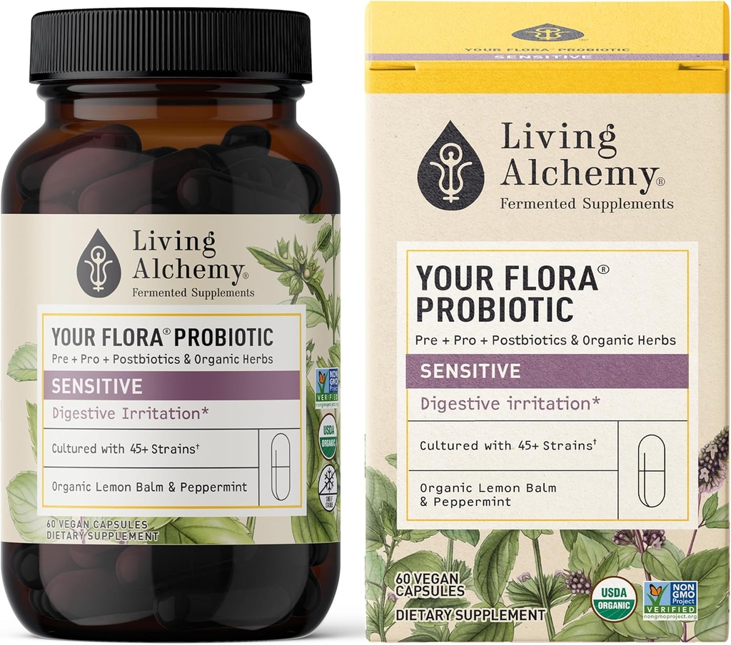 Gut Health Supplements - Your Flora Probiyotik Hassas with Fermented Soybean, Lemon Balm, Peppermint, & Prebiyotiks - Cleanse Detox for Men & Women - Vegan, Non-GMO - Living Alchemy, 60 Adet