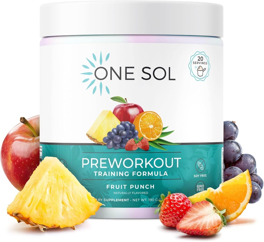 One Sol Pre-Workout for Women, developedd Pump & Focus, No Jitters Or Crash, Natural Materialss, 100% Vegan, Gluten Free & Soy Free, (Fruit Punch)