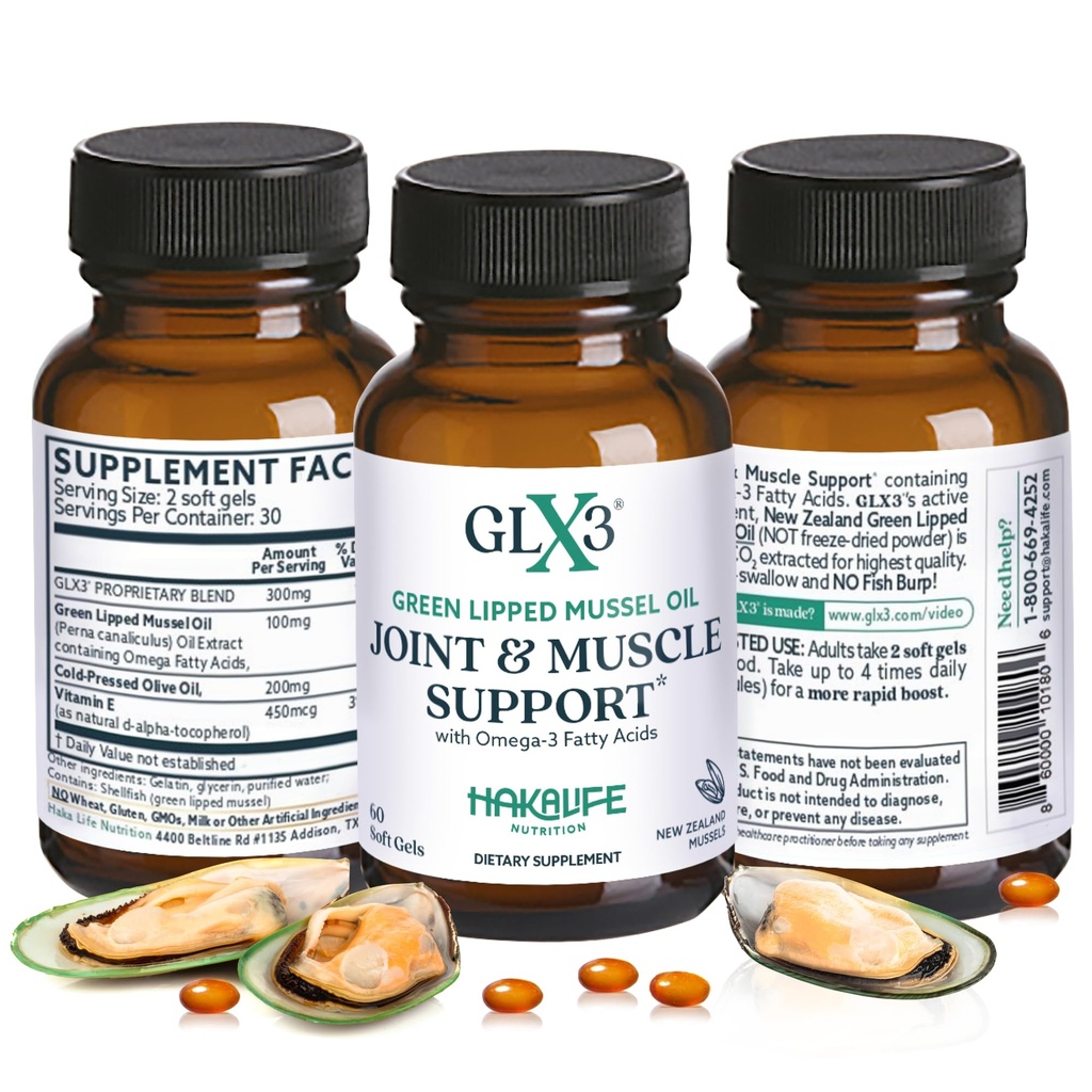 GLX3 Extra Strength Green Lipped Mussel Oil Capsules - Long-Lasting Joint Comfort Supplement - Υποστήριξη για πόνους, πόνο - Φυσικά πλούσια σε Omega 3 & Chondroitin Sulfate 180 δισκία
