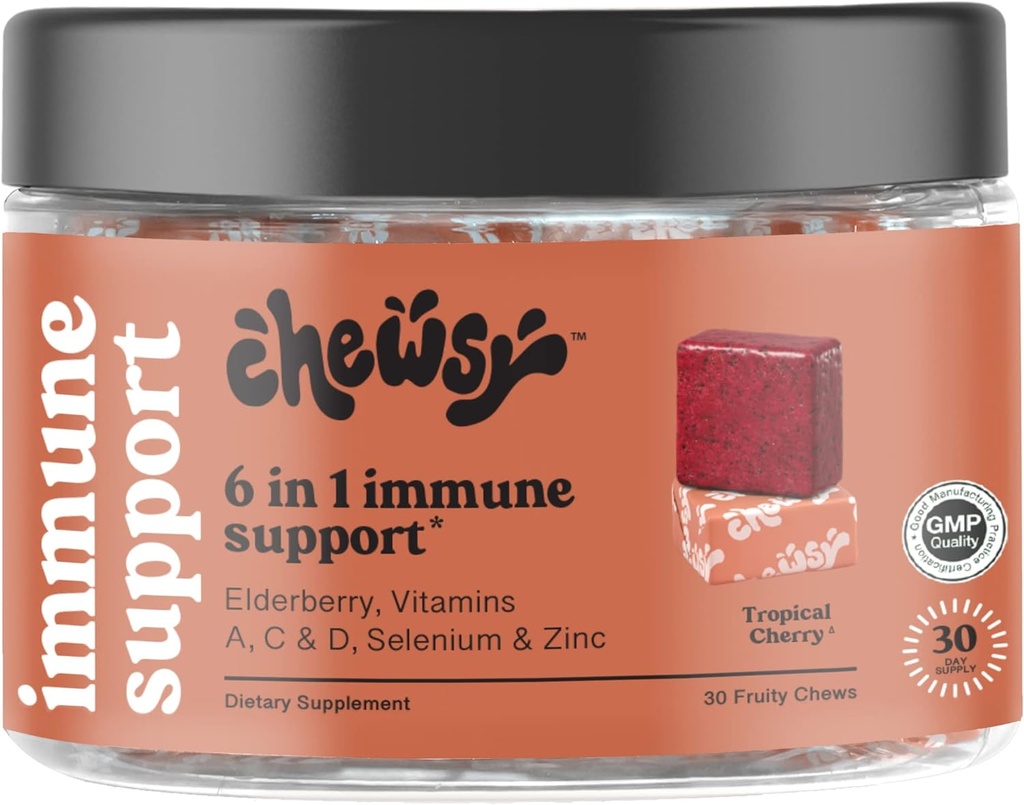Chewsy 6in-1 Immune Support Supplement Fruity Chews with Elderberry, Vitamin C, A & D, çinko & Selenium - 30-Day Supply, Bireysel olarak yetişkinler ve Çocuklar için Immunity Vitaminleri Çekti (1)