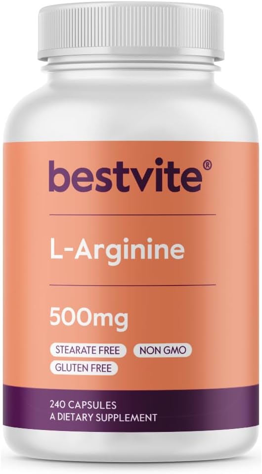 BESTVITE L-αργινίνη 500mg (240 κάψουλες) - Όχι Στεατικό μαγνήσιο - Όχι Διοξείδιο του πυριτίου - Χωρίς πληρωτικά - Μη ΓΤΟ - Χωρίς γλουτένη