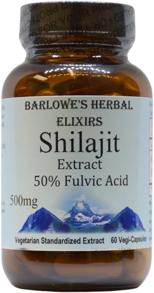 Barlowe's Herbal Elixirs Shilajit Extract | 500 mg Per Capsule | 50% Fulvic Acid | Mineral-Rich Himalaya Supplement for Vitality & Wellness | 60 Vegan Capsules | Non-GMO, Gluten-Free, Glass Şişed
