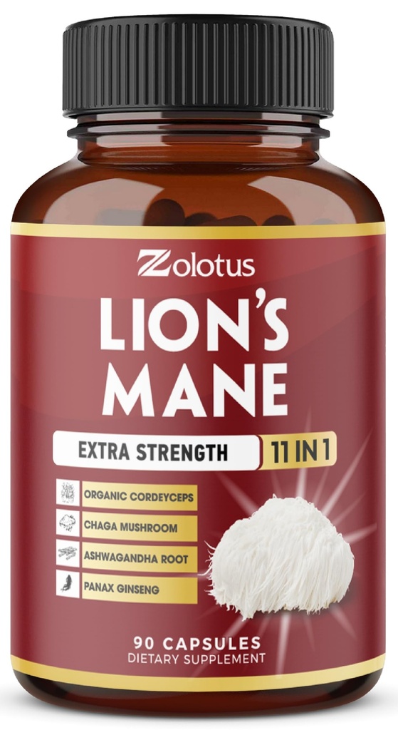 Zolotus 11 1 Lions Mane Mushroom Capsules, 3 Moon Supply with Cordeyceps, Reishi, Ashwagandha, Panax Ginseng - 90 Capsules