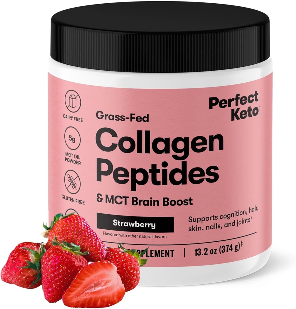 Mükemmel Keto Collagen Hydro Protein Tozu MCT Oil, Hydrolyzed Collagen, Type I & III Supplement, Gluten Free Grass Fed, Low Carb, Keto Coffee Creamer, Collagen for Women & Men, Strawberry
