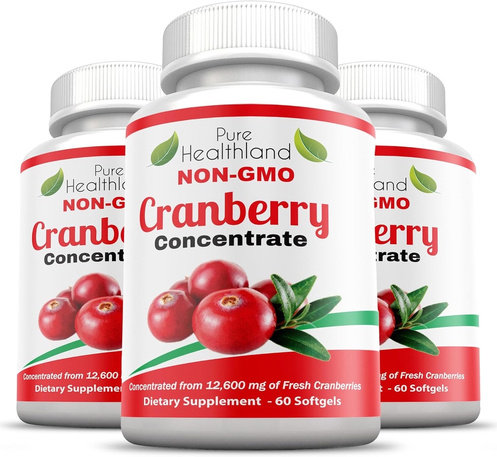 No-GMO Cranberry 12.600 mg - Triple Strength Softgels - Erkekler ve Kadınlar için Swallow Pills'a Kolay, 3 Şişeler