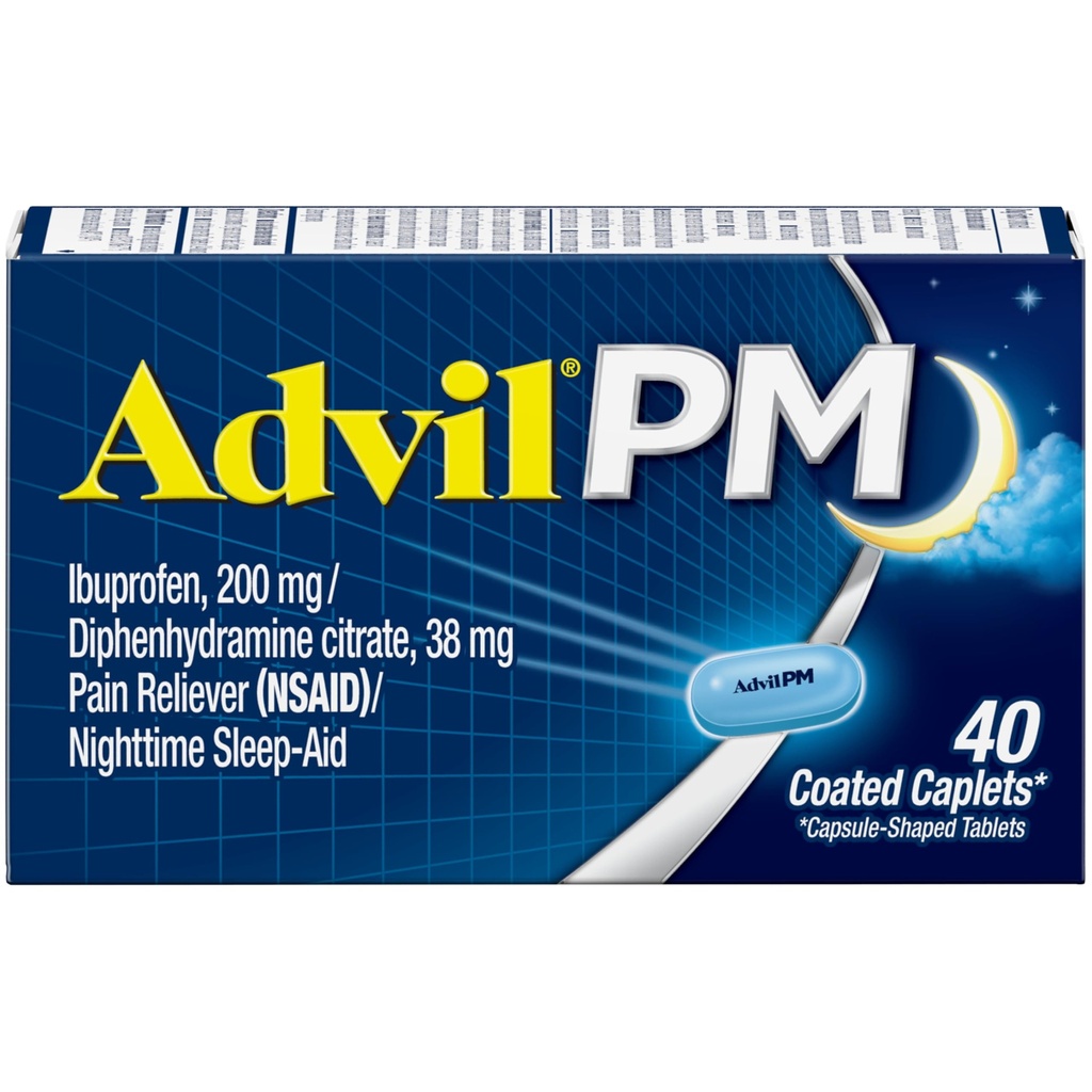 Advil PM Pain Reliever ve Nighttime Sleep Aid, Pain Medicine with Ibuprofen for Pain Relief and Diphenhydramine Citrate for a Sleep Aid - 40 Kaplamalı Caplets
