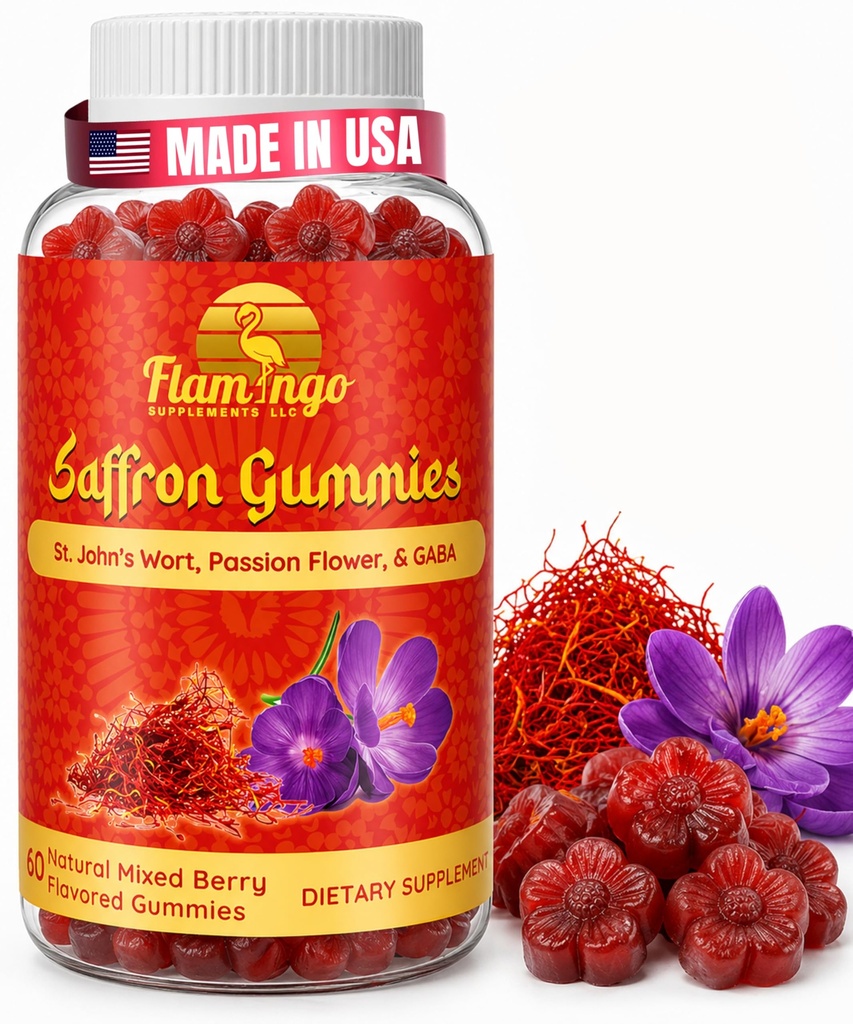 Saffron Extract Gummies-Sugar Free Saffron Supfron Enhanced with GABA, Saint John's Wort, Passion Flower-Saffron Συμπληρώματα για παιδιά, γυναίκες, άνδρες. 60 Γκάμιες σαφράν