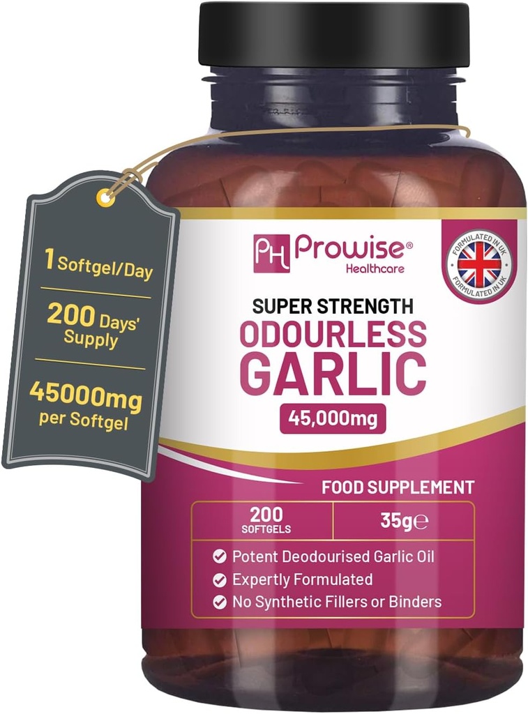 Premium Odourless Capsule Capsules | 45,000mg per softgel | 200 softgels (not Tabletler) Super High Strength | Cold Pressed and Deodourated Premium Garlic Oil Extract from Allium Sativum