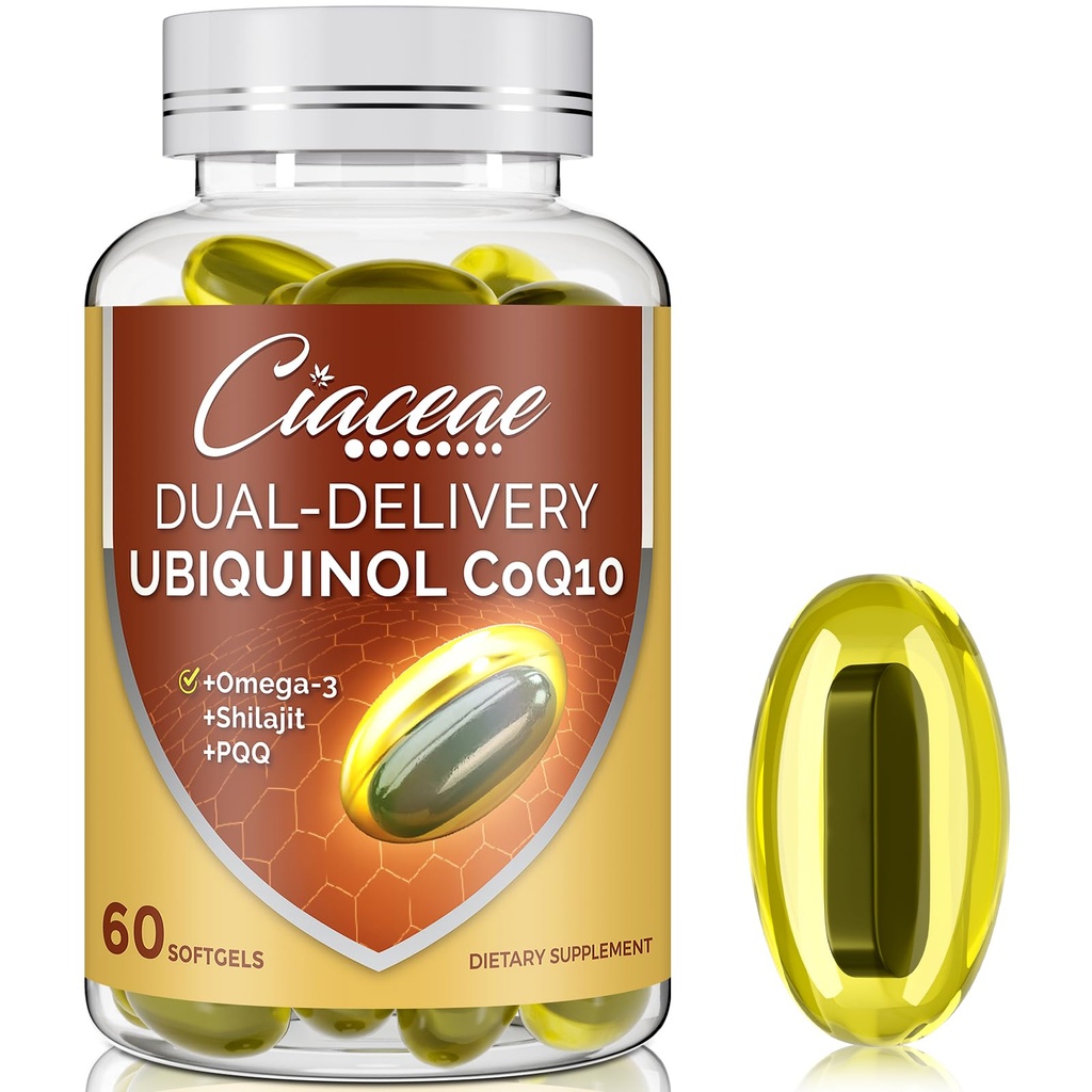 Ubiquinol CoQ10 600 MG Softgels with Omega-3 & Shilajit & PQ, Advanced Dual-Delivery Coenzyme-Q10, Active CoQ10 Ubiquinol Supplement for Fertness, Antioksi, Heart, Brain & Energy, 60 Servisler