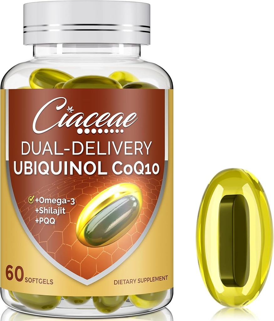 Ubiquinol CoQ10 600 MG Softgels with Omega-3 & Shilajit & PQ, Advanced Dual-Delivery Coenzyme-Q10, Active CoQ10 Ubiquinol Supplement for Fertness, Antioksi, Heart, Brain & Energy, 60 Servisler