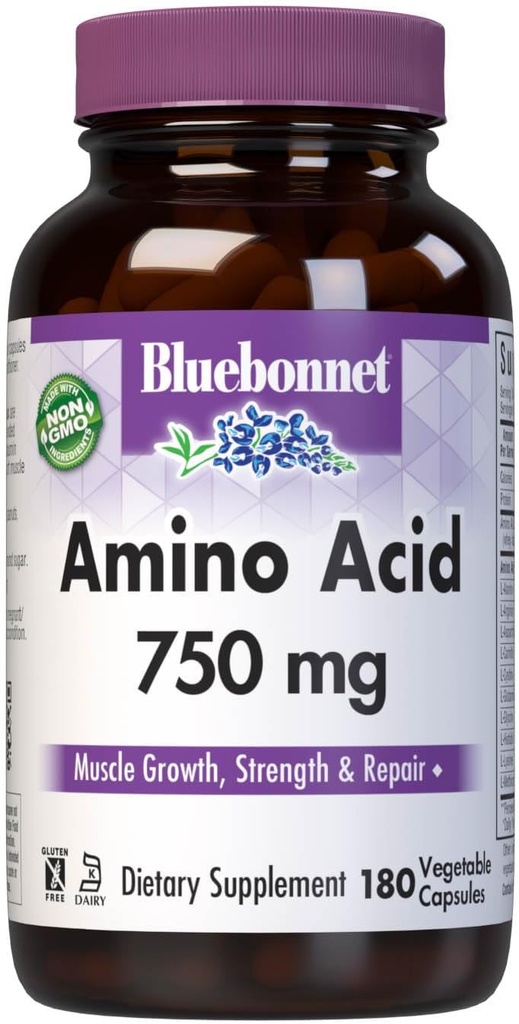 Bluebonnet Amino Asit 750 mg Vitamin Capsules, White, 180 Count