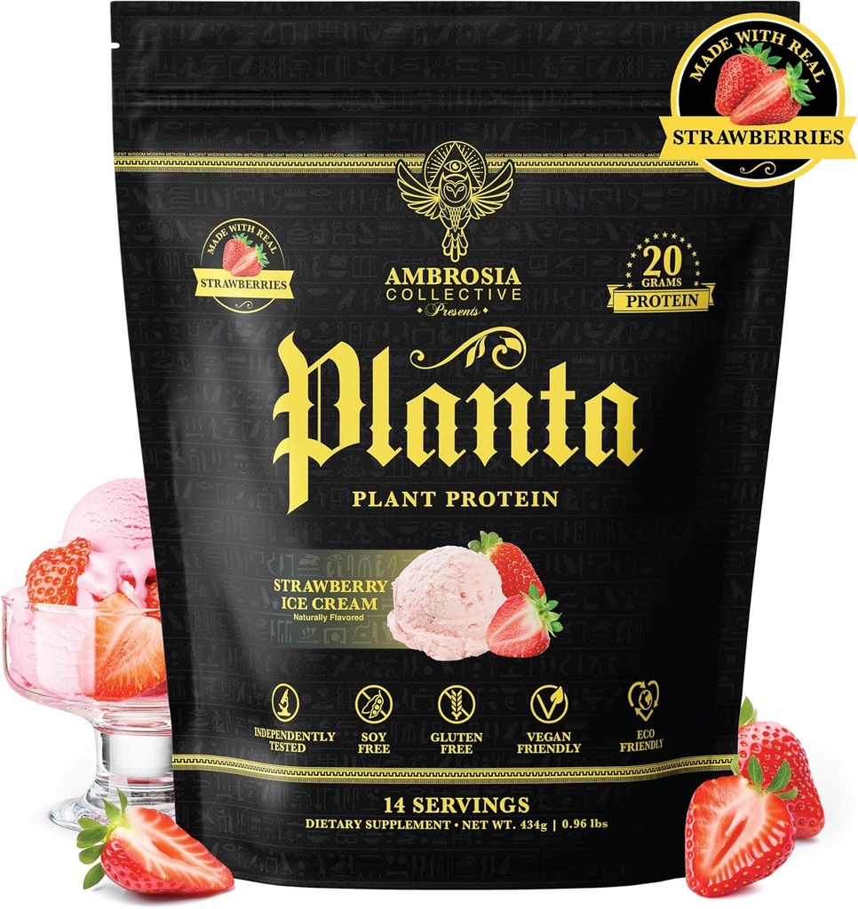 Ambrosia Planta - Premium Plant-Based Protein | Vegan & Keto Friendly | Gurating or Stomach Upset | No add Sugar | 14 Services | (Strawberry Ice Cream)