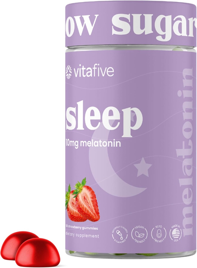 vita five Extra Strength Melatonin Gummies, 10 mg Melatonin, Sleep Aid for Yetişkinler, Low Sugar, Vegan, Gluten Free Melatonin Supplement (50 Ct)