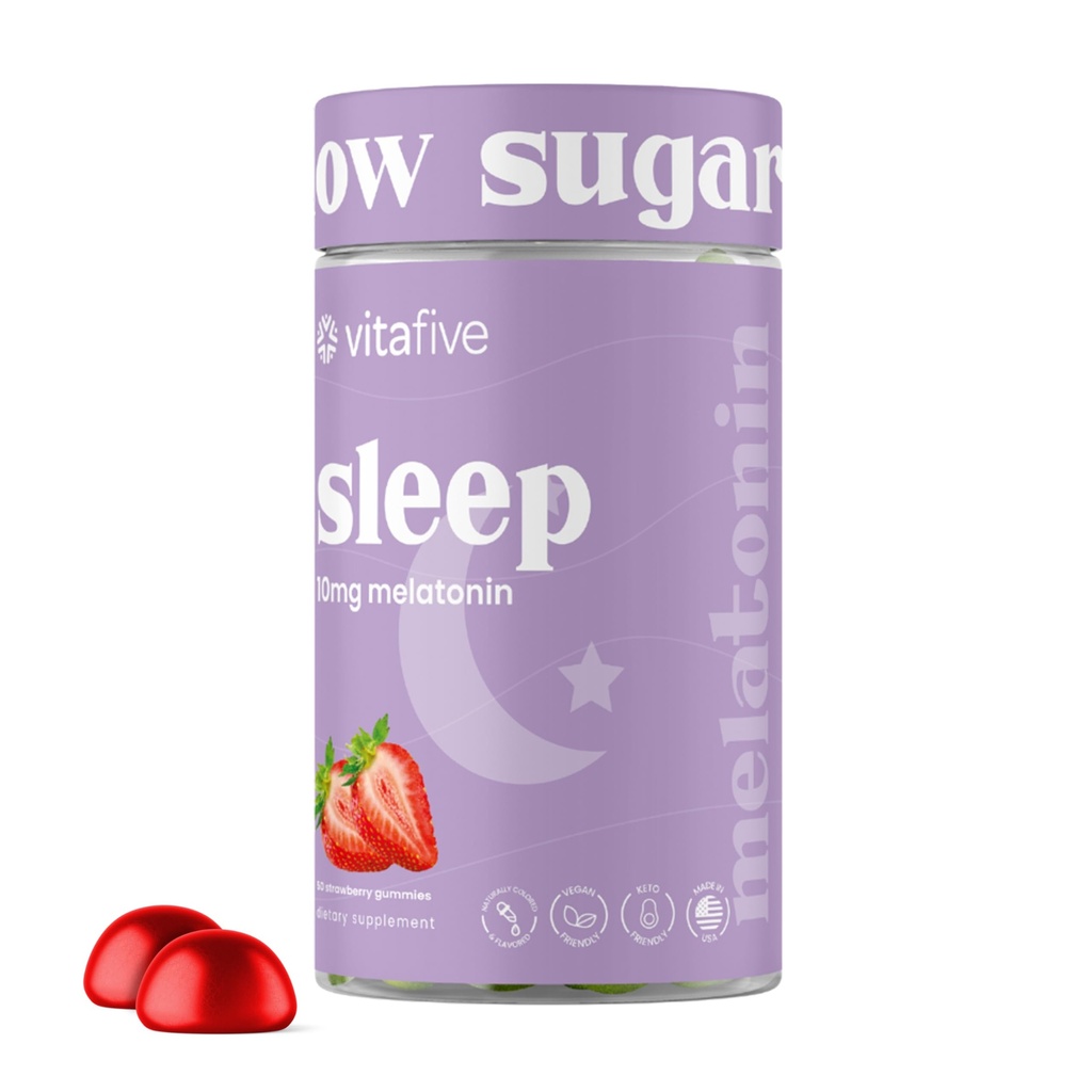 vitafive Extra Strength Melatonin Gummies, 10 mg Melatonin, Sleep Aid for Adults, Low Sugar, Vegan, Gluten Free Melatonin Supplement (50 Ct)