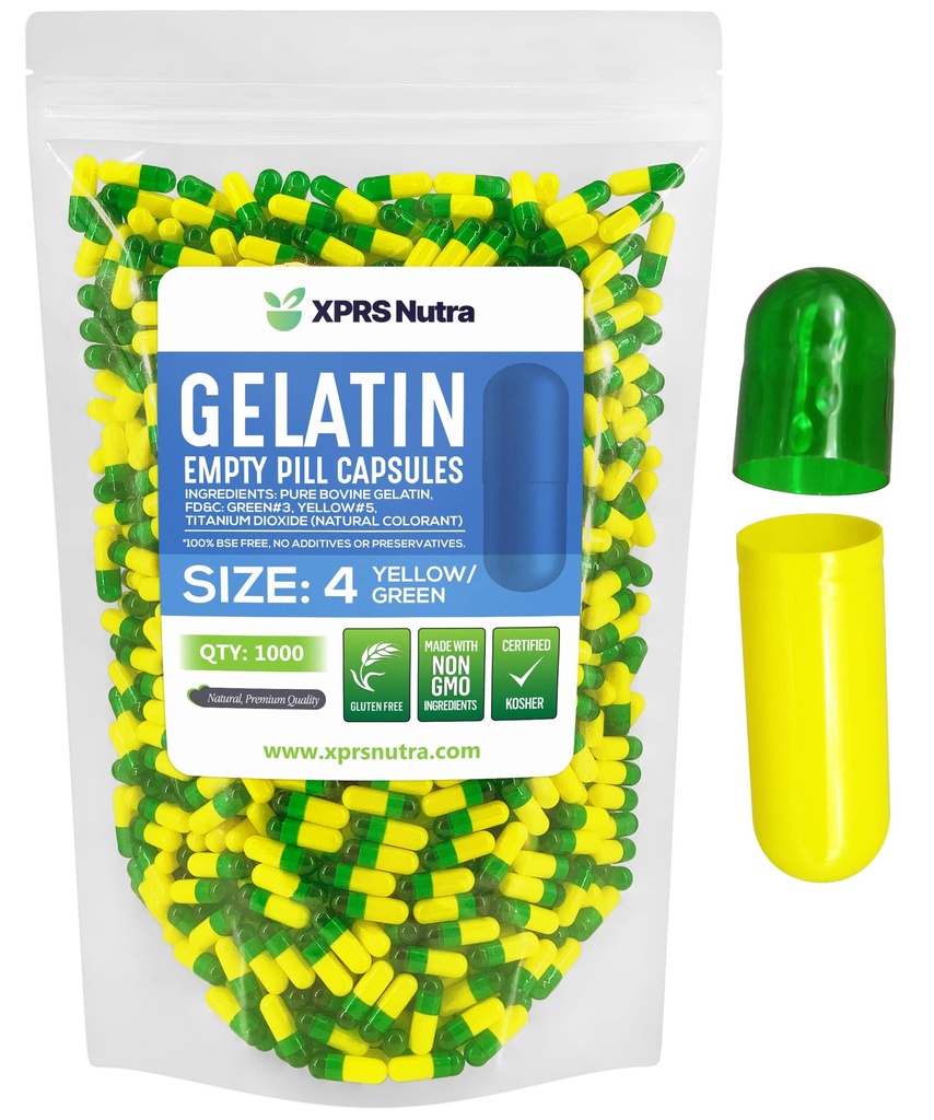 XPRS Nutra Boyutu 4 Boş Kapsüller - 1000 Kont Küçük Boş Gelatin Capsules Pills - DIY Capsule - Bovine Pill Gel Caps (Green/Yellow)