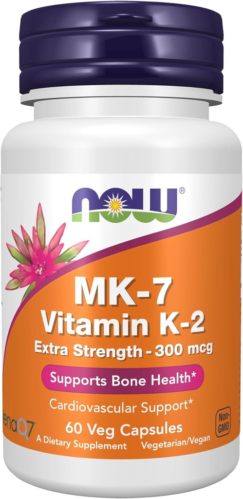 NOW συμπληρώματα τροφίμων, βιταμίνη K2 (MK-7) 300 mcg, επιπλέον δύναμη, υποστηρίζει την υγεία των οστών *, 60 κάψουλες Veg