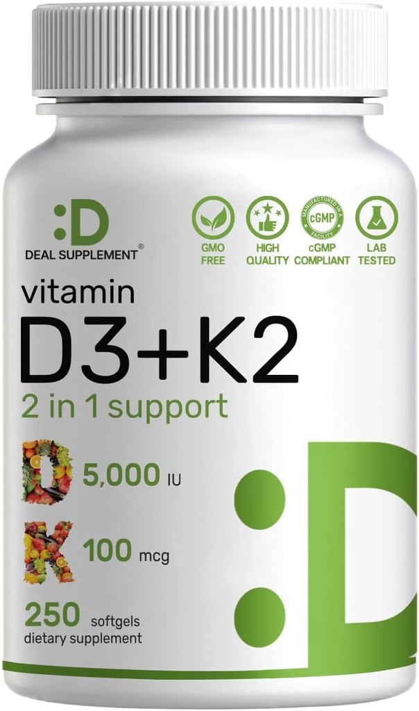 ΑΛΗΘΙΝΗ ΣΥΜΠΛΗΡΩΜΑ Βιταμίνη D3 5.000 IU + K2 MK7 Softgels, 250 Count 