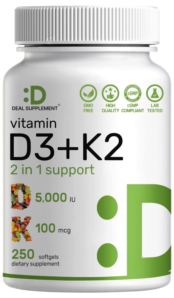DEAL SUPPLEMENT Vitamin D3 5.000 IU + K2 MK7 Softgels, 250 Kont | 2in-1 Kompleksi | Swallow