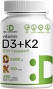 DEAL SUPPLEMENT Vitamin D3 5.000 IU + K2 MK7 Softgels, 250 Kont | 2in-1 Kompleksi | Kalp, Bone, Teeth & Immune Health* | Easy to Swallow