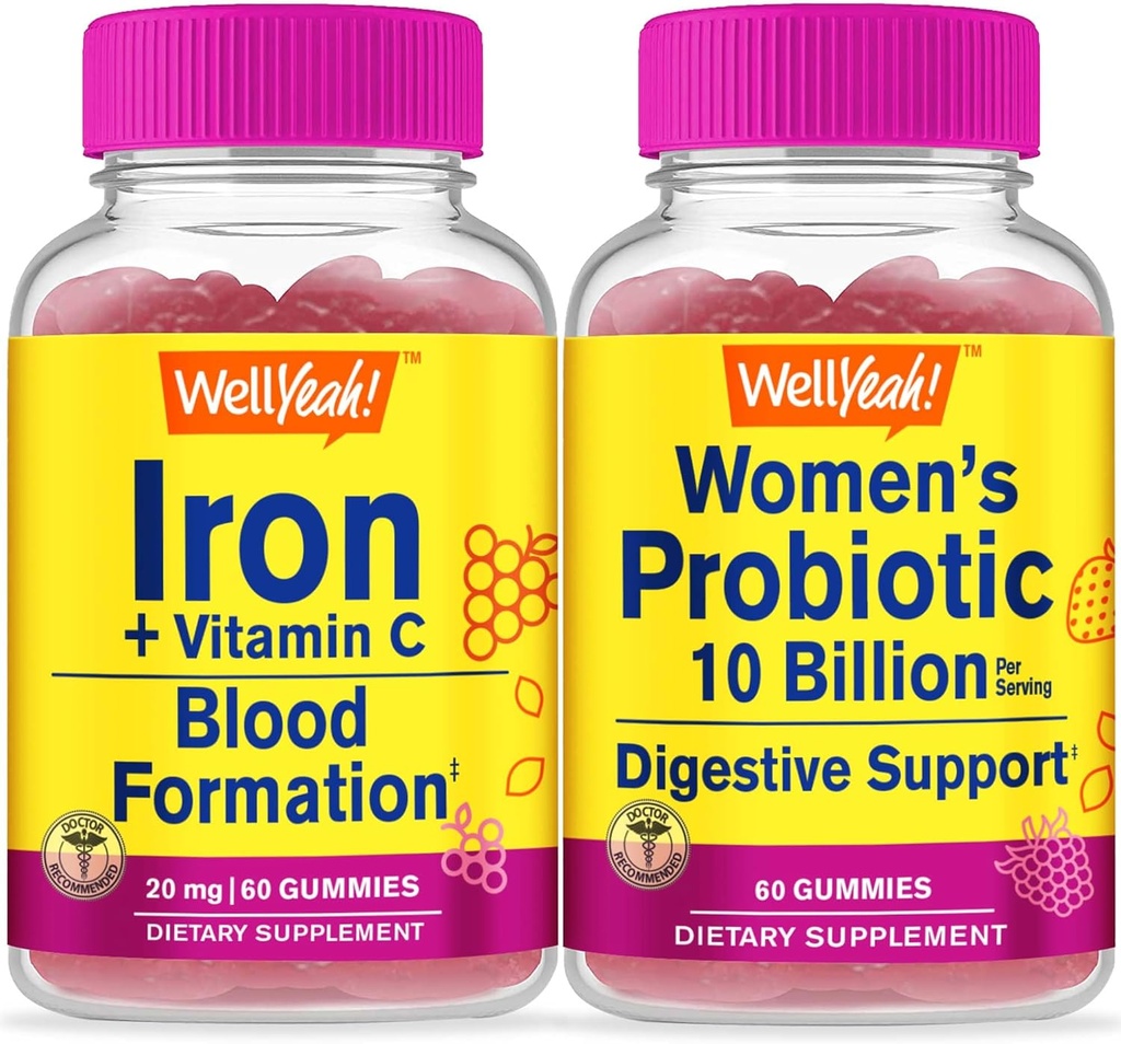WellEvet Demir+Vitamin C + Probiyotiks Women 10B CFU, Gummies Sche - Great Tasting, Vitamin Supplement, Gluten Free, GMO Free, Chewable Gummy Gummy