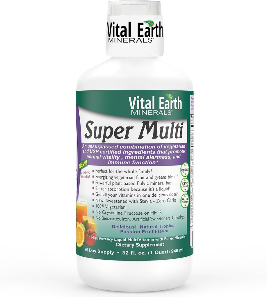 Vital Earth Minerals Super Multi - Kadınlar için Sıvı Çokvitaminler, Erkekler ve Çocuklar, Daha İyi Aborpsiyon için Fulvic Acid ile Sıvı Vitaminler, MTHFR Destek, 32 Oz + 1 Oz Cup