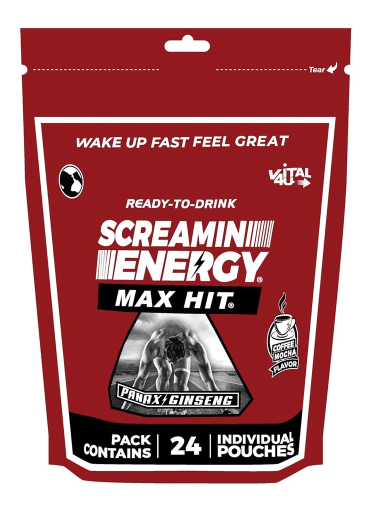 Screamin Energy Max Hit - Ενεργειακά σφηνάκια Extra Strength with Ginseng & Caffeine - 100% B-1, B-2, B-3, B-6, B-7 και B12 Coffee Mocha, 24 Count