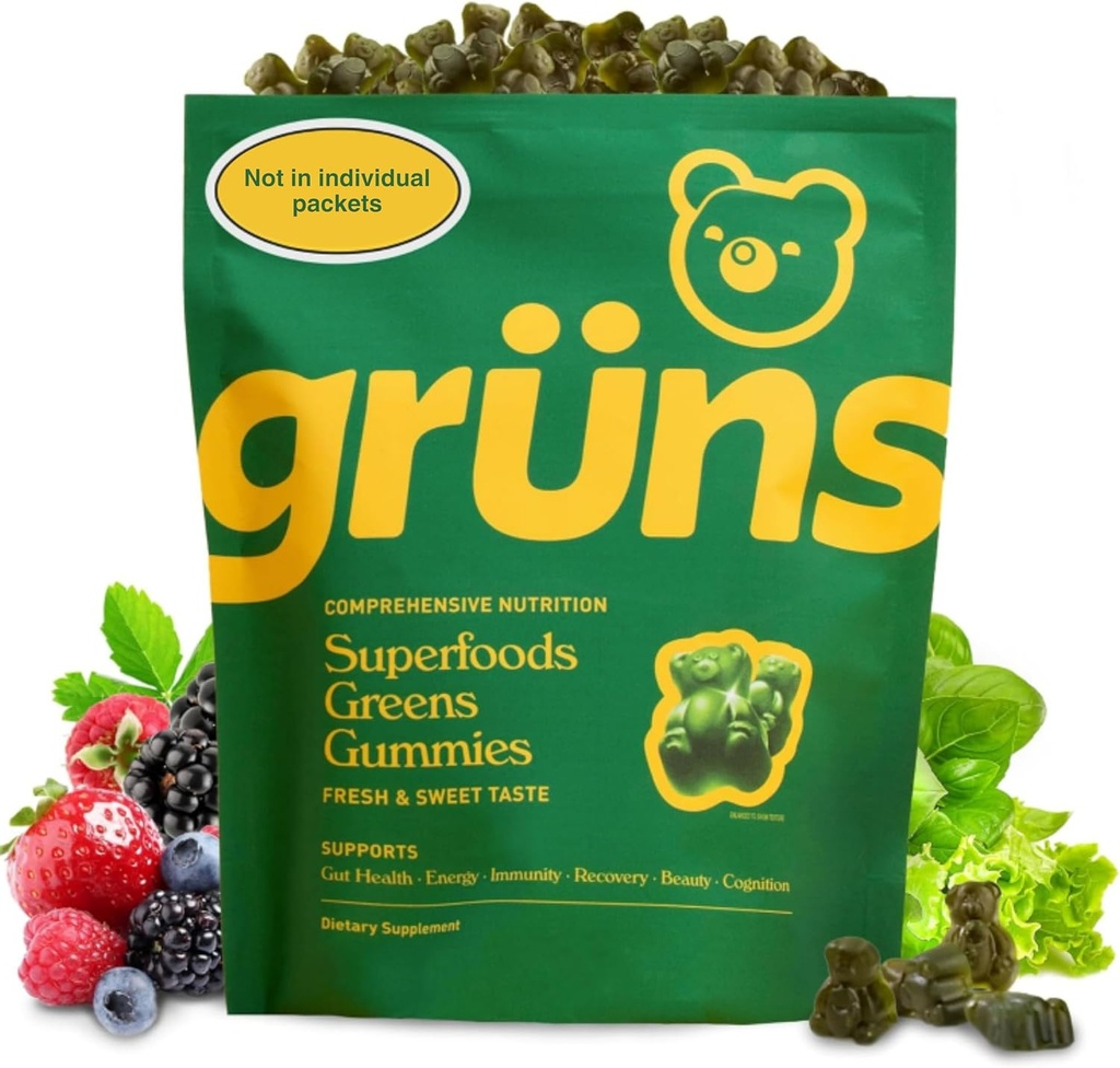 Gruns Yetişkin Super Greens Gummies - Superfood Gummy Bears with Spirulina, Chlorella & Prebiyotiks for Digestive Health - Adaptogens Supplement with 20 Vitamins & Minerals, Low Sugar- 2Week Supply