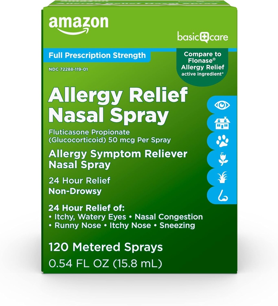 Temel Bakım 24 Saat Antivirüs Relief Nasal Spray, Fluticasone Seiko (Glucocorticoid), 50 mcg Per Spray, Full Prescription Strength, Non-Drowsy, 0,54 fl oz (Pack of 1)