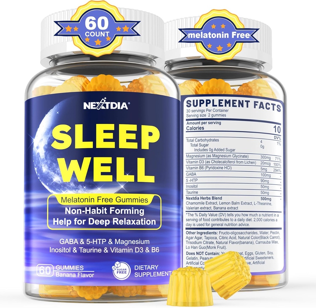 Melatonin Free Sleep Gummies, Glycinate, GABA, 5-HTP, L-Theanine, Valerian, Chamomile, Lemon Balm, Vitamin D3 & B6 - Hormon & Drug- Free, Non-Habit Format,Sugar Free